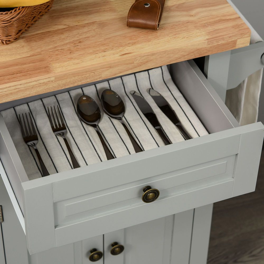 Rolling Kitchen Island Cart Rubber Wood Top, Spices, and Towel Rack
