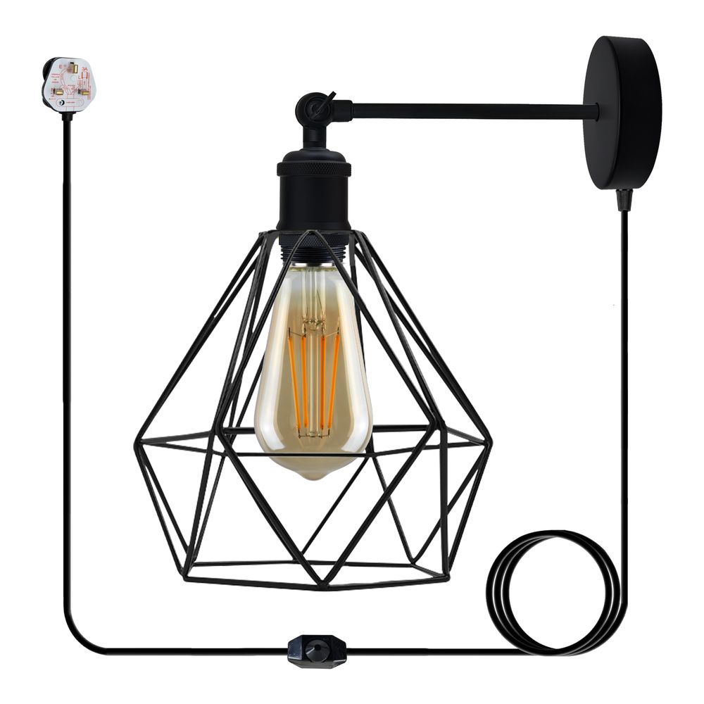 Black Vintage Industrial Light Plug in Wire cage E27 Wall Lamp~5059