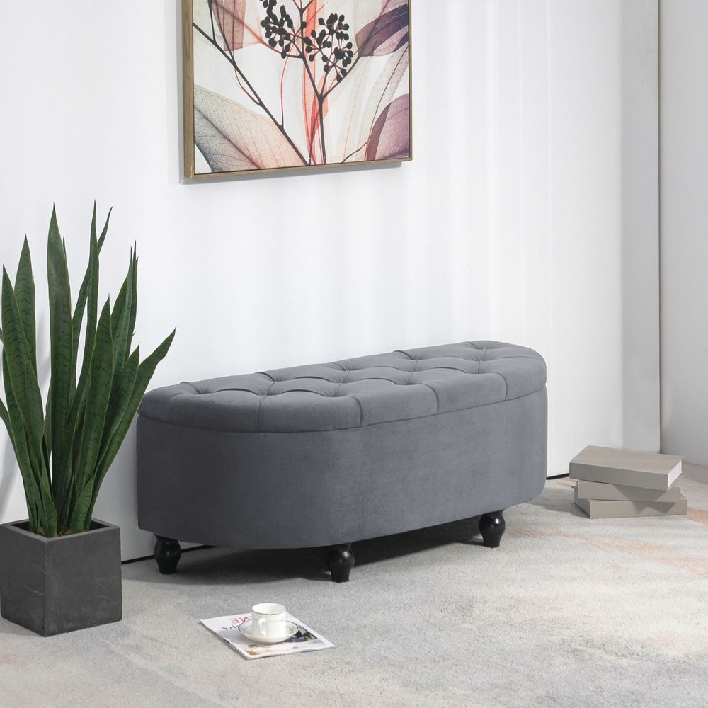 HOMCOM Semi-Circle Storage Ottoman Bench Tufted Upholstered Accent Footrest