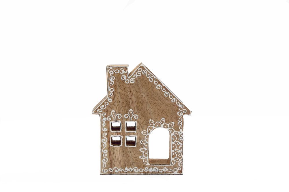 Beautifully Decorated Wooden Gingerbread House - Handcrafted Mango Wood - D2.5 x H14.5 x W13cm