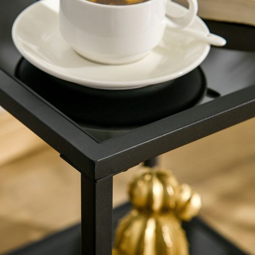 HOMCOM Side Table with Tempered Glass Top, End Table with 2-Tier Storage, Black
