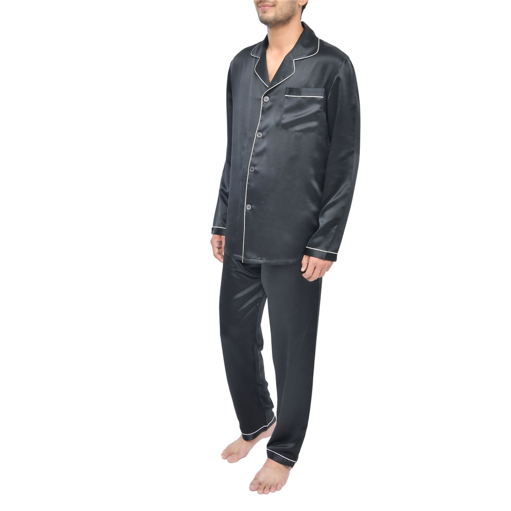 SILK PJS LONG SET MENS MEDIUM BLACK Pyjamas