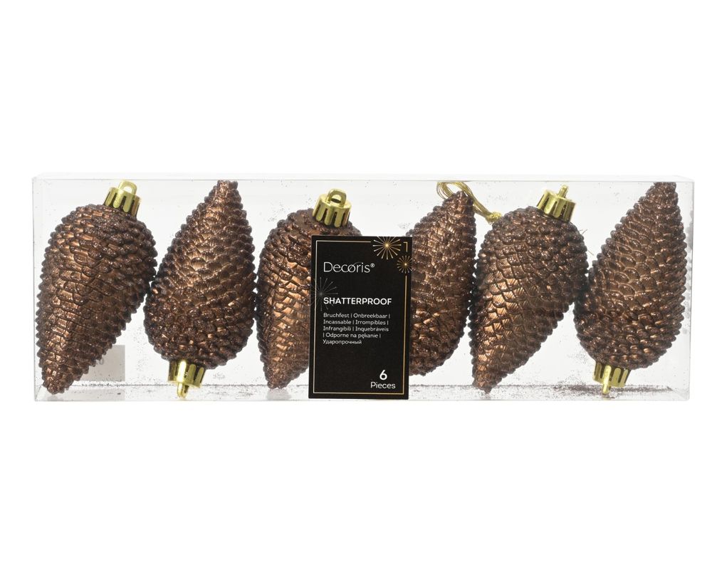 Shatterproof Espresso Brown Glitter Pine Cone 8cm Pack of 6 - Christmas Tree Decoration