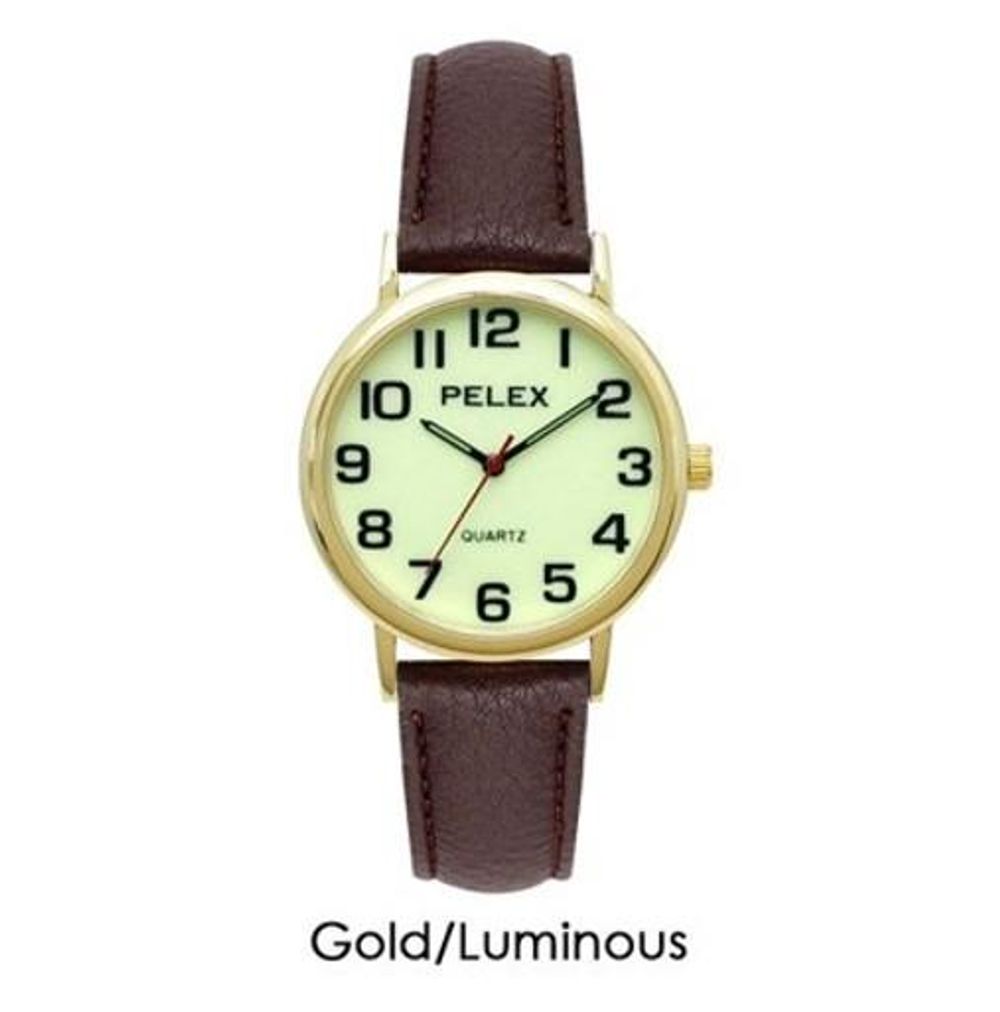 PELEX Mens Glow In The Dark Leather Strap Quartz Watch PLX-010-GOLD-LUM-BRN