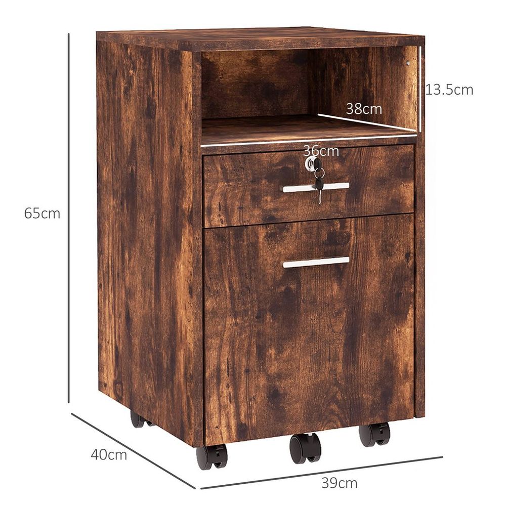 Premium Vinsetto Mobile File Cabinet - Lockable Storage w/ 5 Wheels - Rustic Brown - Sleek & Functional