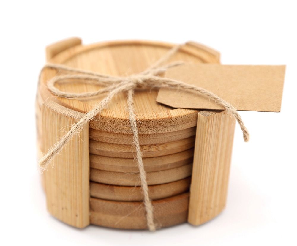 Bamboo Coasters Set - 6 Round Coasters with Holder 12cm