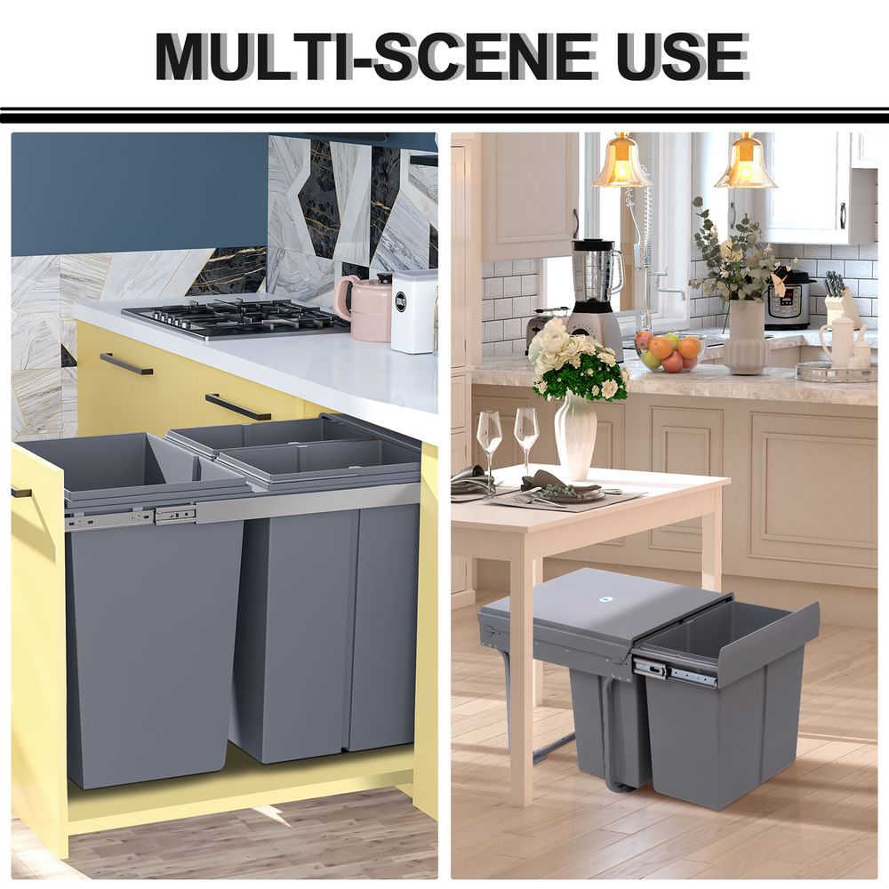 Recycle Waste Bin Pull Out Dustbin Recycling Cabinet 40L-Grey
