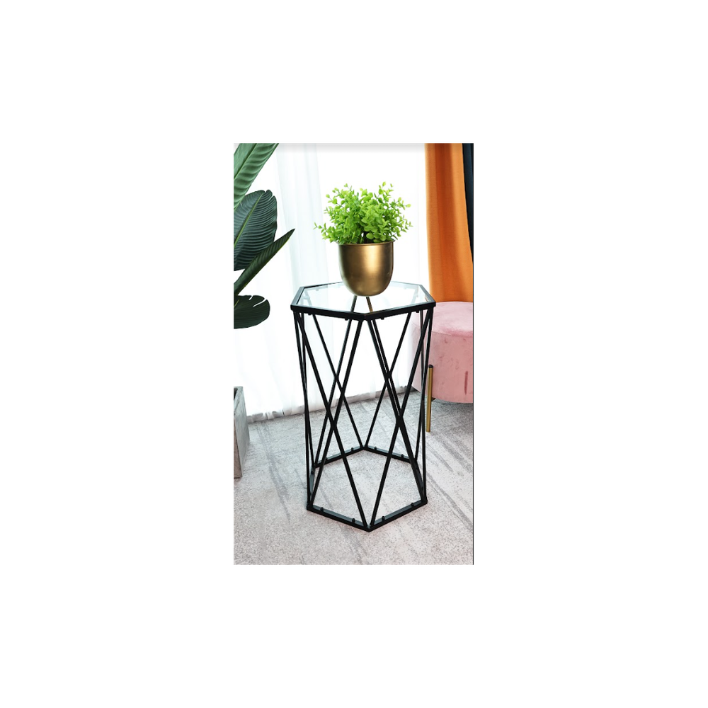SLENDER Hexagon Black Side Table - Tempered Glass - High Quality - Professional Seller