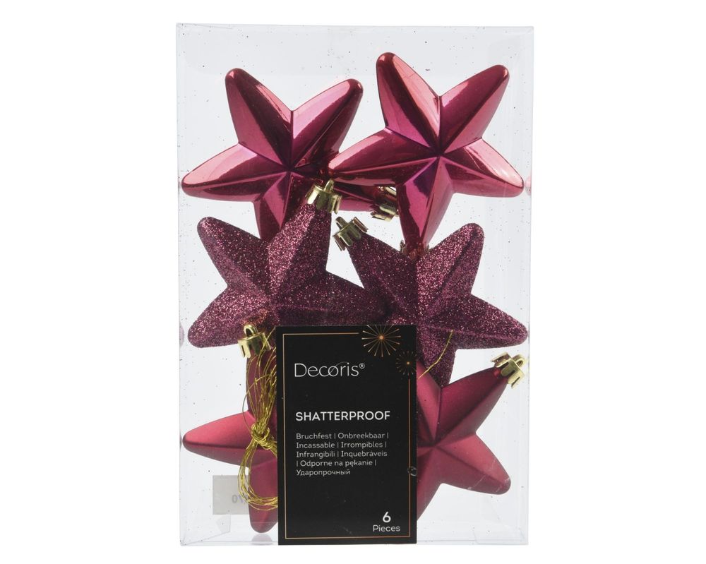 Shatterproof Pink Pomegrante Star 7cm Mix Pack of 6 - Christmas