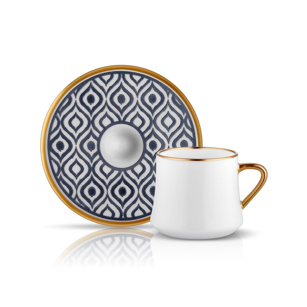 Sufi HD Tea Cup and Saucer Ikat - Anthracite Mat Gold - 230 cc