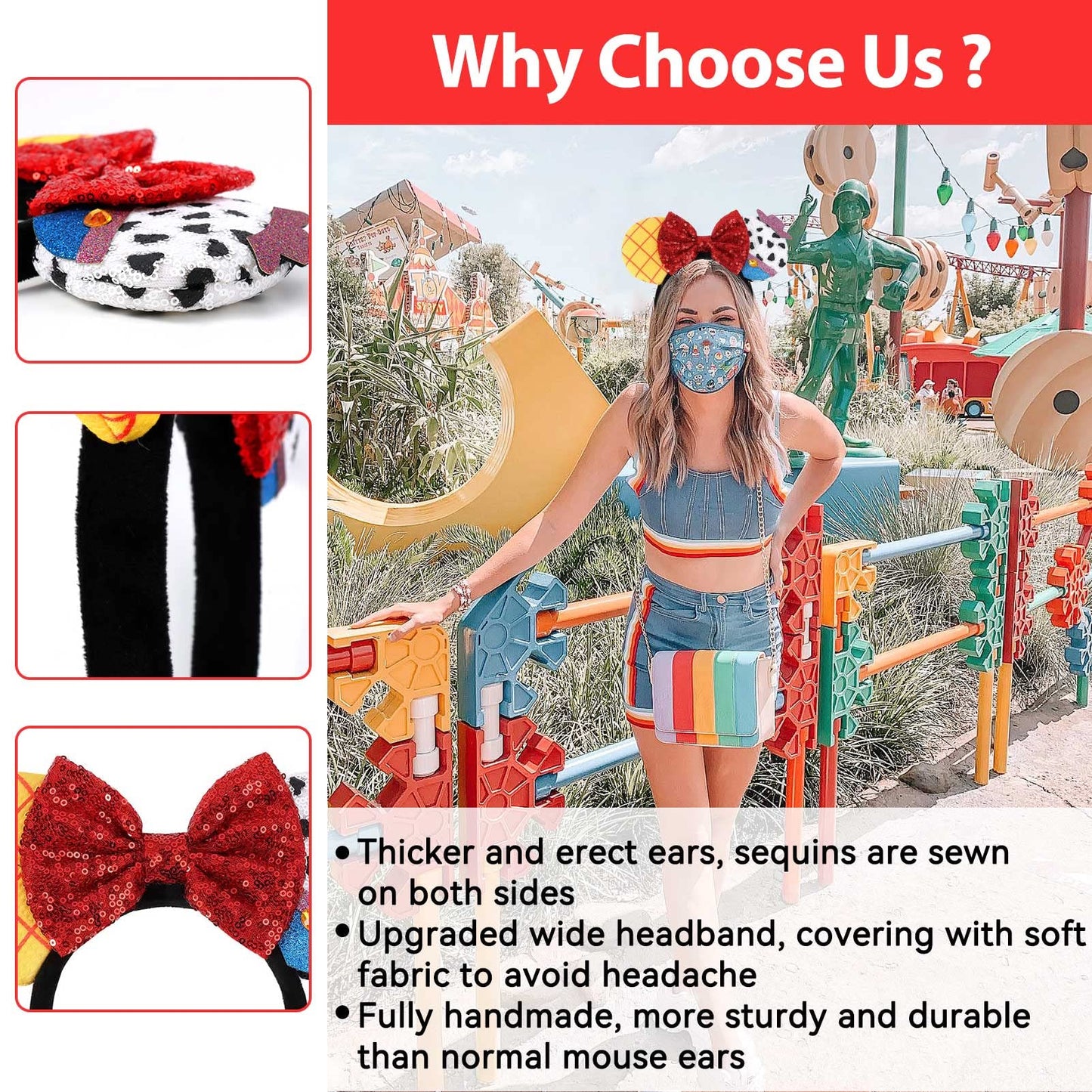 UNSPAZ Mouse Ears Headband - Extra Thick & Soft with Sequin Bow (TS Yellow)