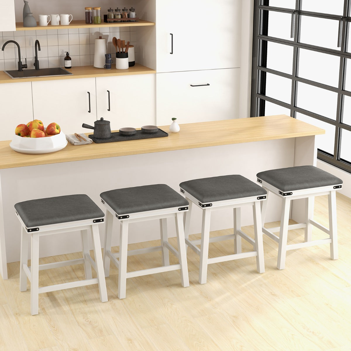 Set of 4 62 cm Height Upholstered Backless Bar Stools with PU Leather Padded Seat-Brown