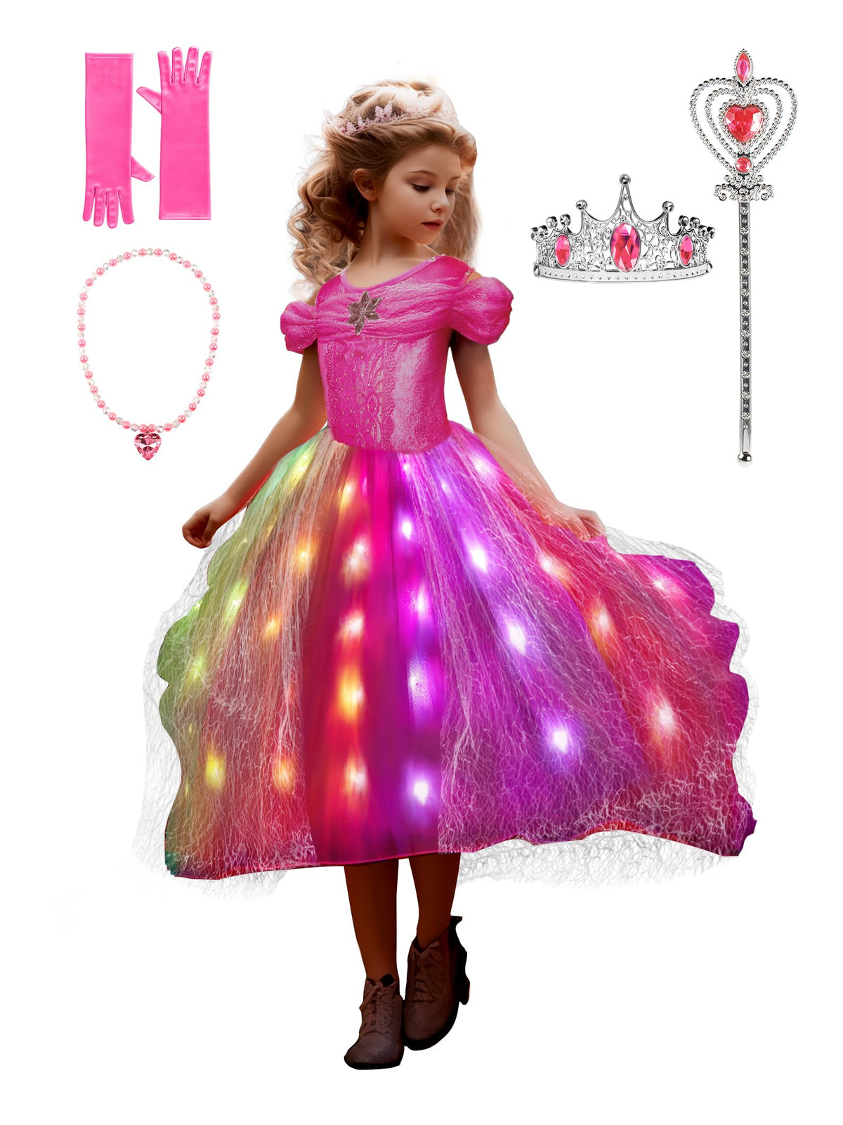 UPORPOR Princess Dress Up for Girls – Music-Sync LED Light-Up Costume with 4 Accessories