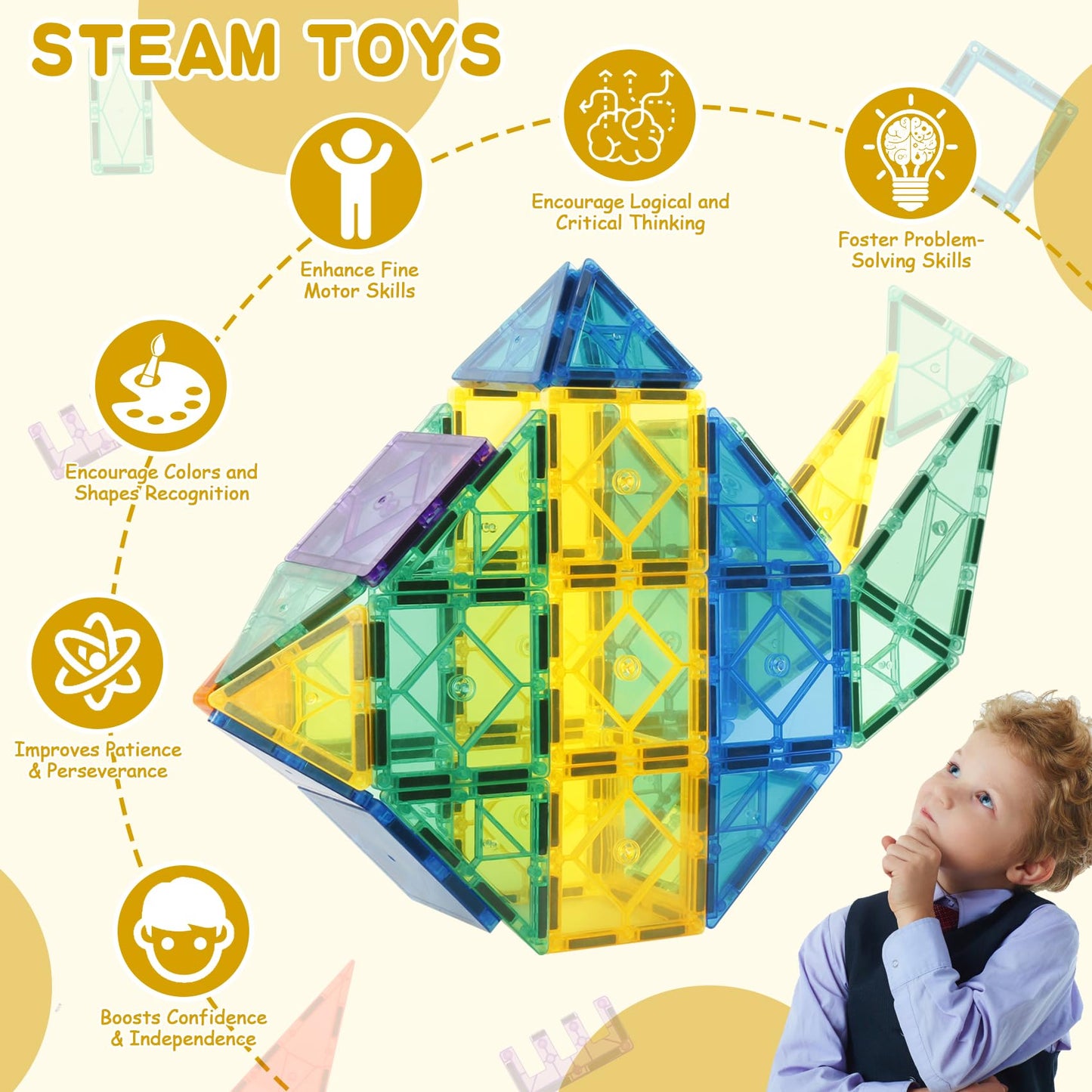 URBAN TOYS Magnetic Tiles 104PCS with 2 Cars – Montessori STEM Blocks for Toddlers