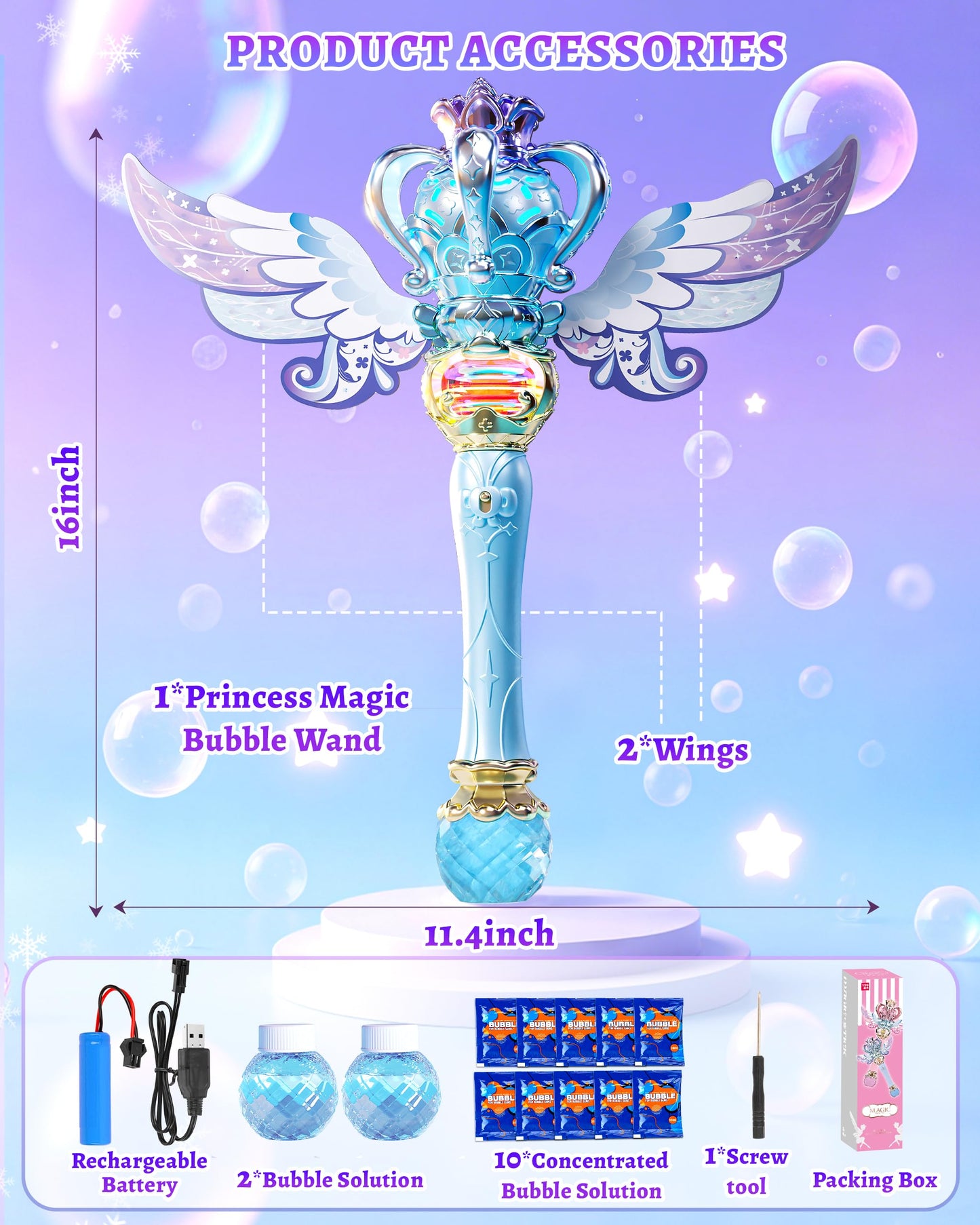 Uregoio Princess Bubble Wands Machine for Kids – Outdoor Bubble Maker with Rotating Design, Rechargeable, Light Up & Music (Blue)