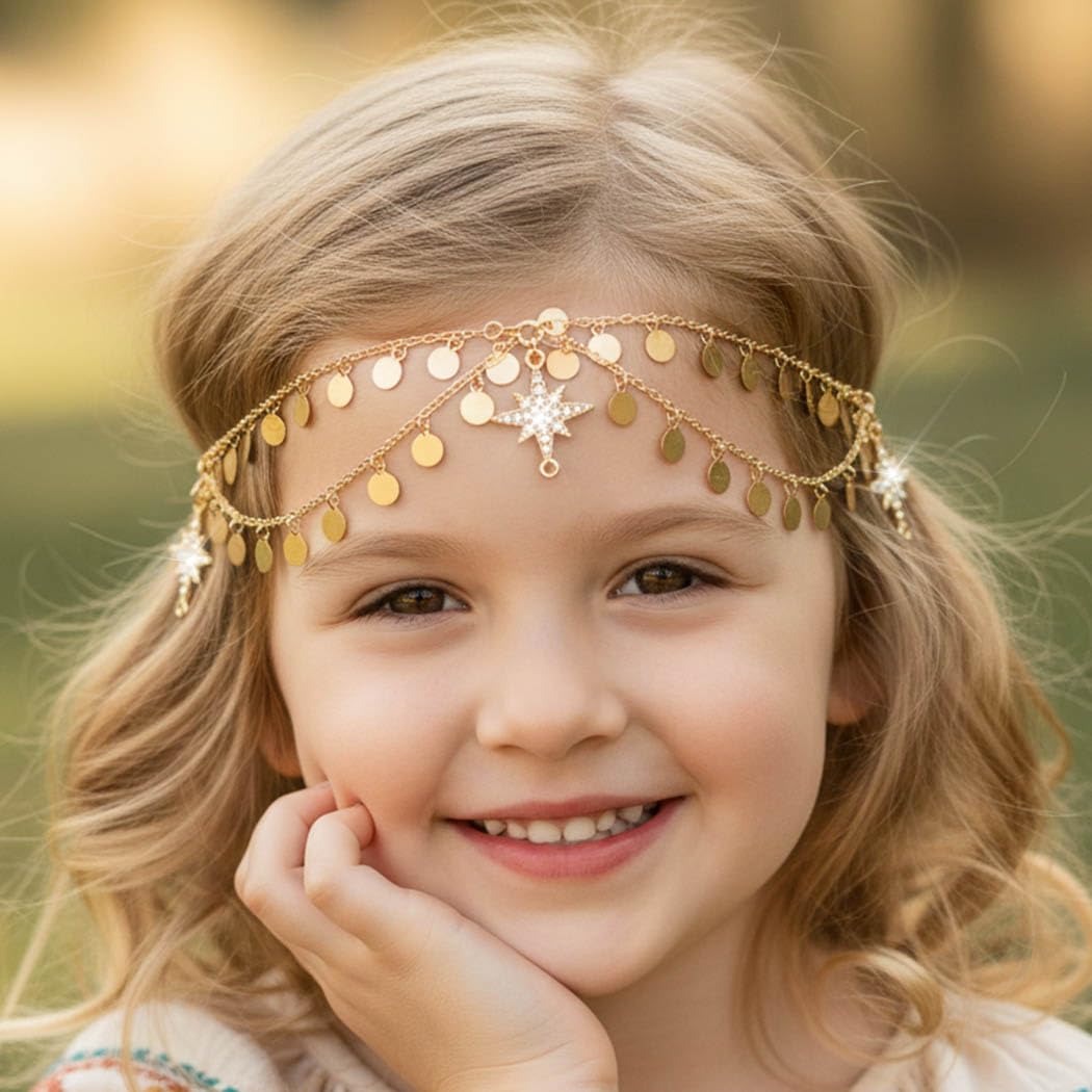 Urieo Gold Sequin Head Chain – Star Halo Rhinestone Hair Accessory