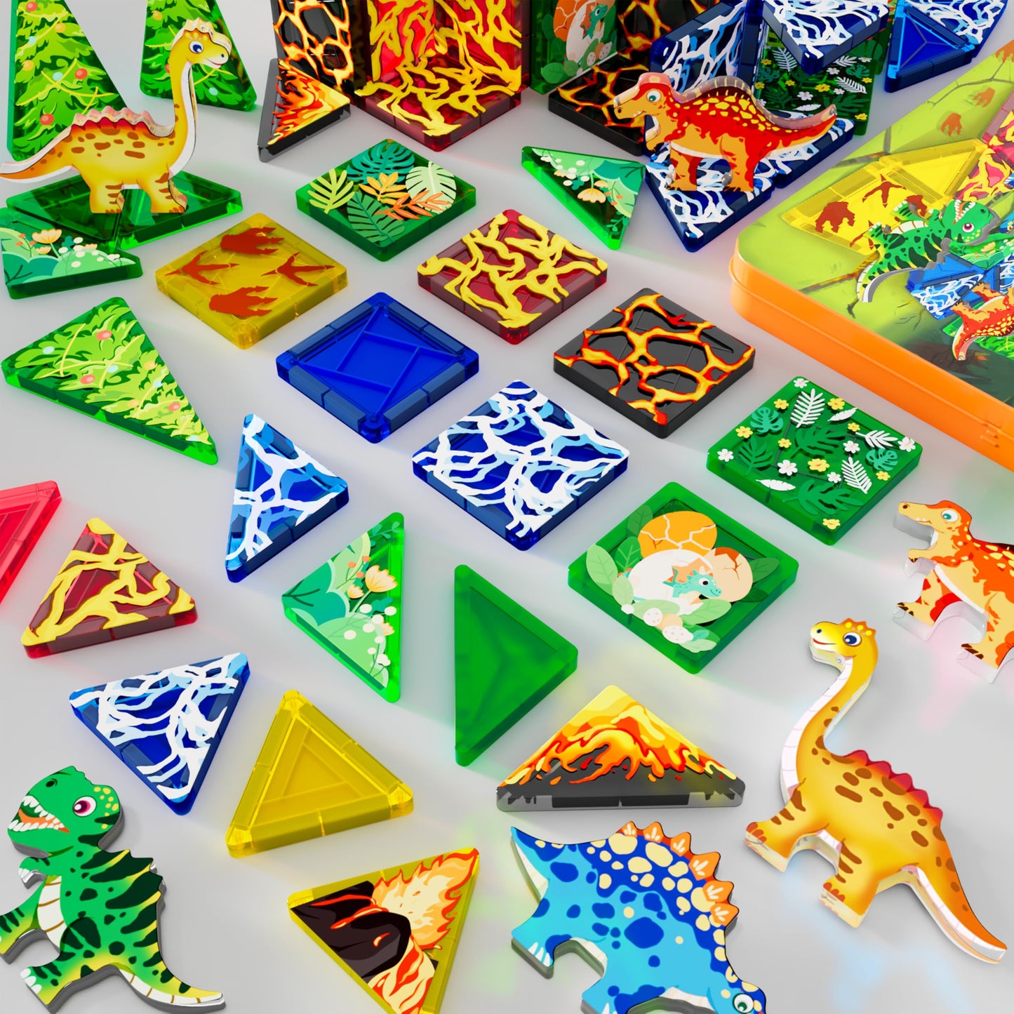 URRLUNA 48pcs Mini Magnetic Tiles Dinosaur Travel Set – Portable STEM Building Blocks for Kids