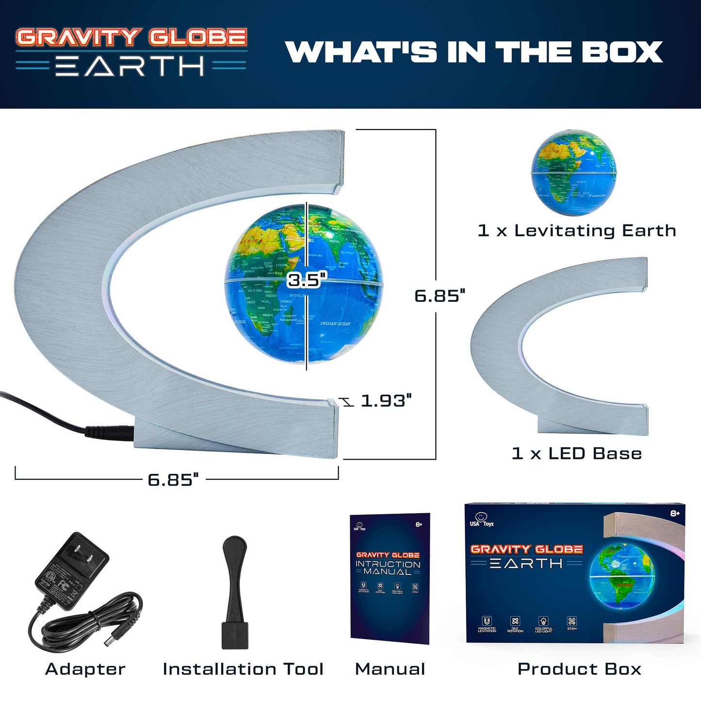 USA Toyz Gravity Globe Earth: Magnetic Levitating Globe with Multicolor LED Lights