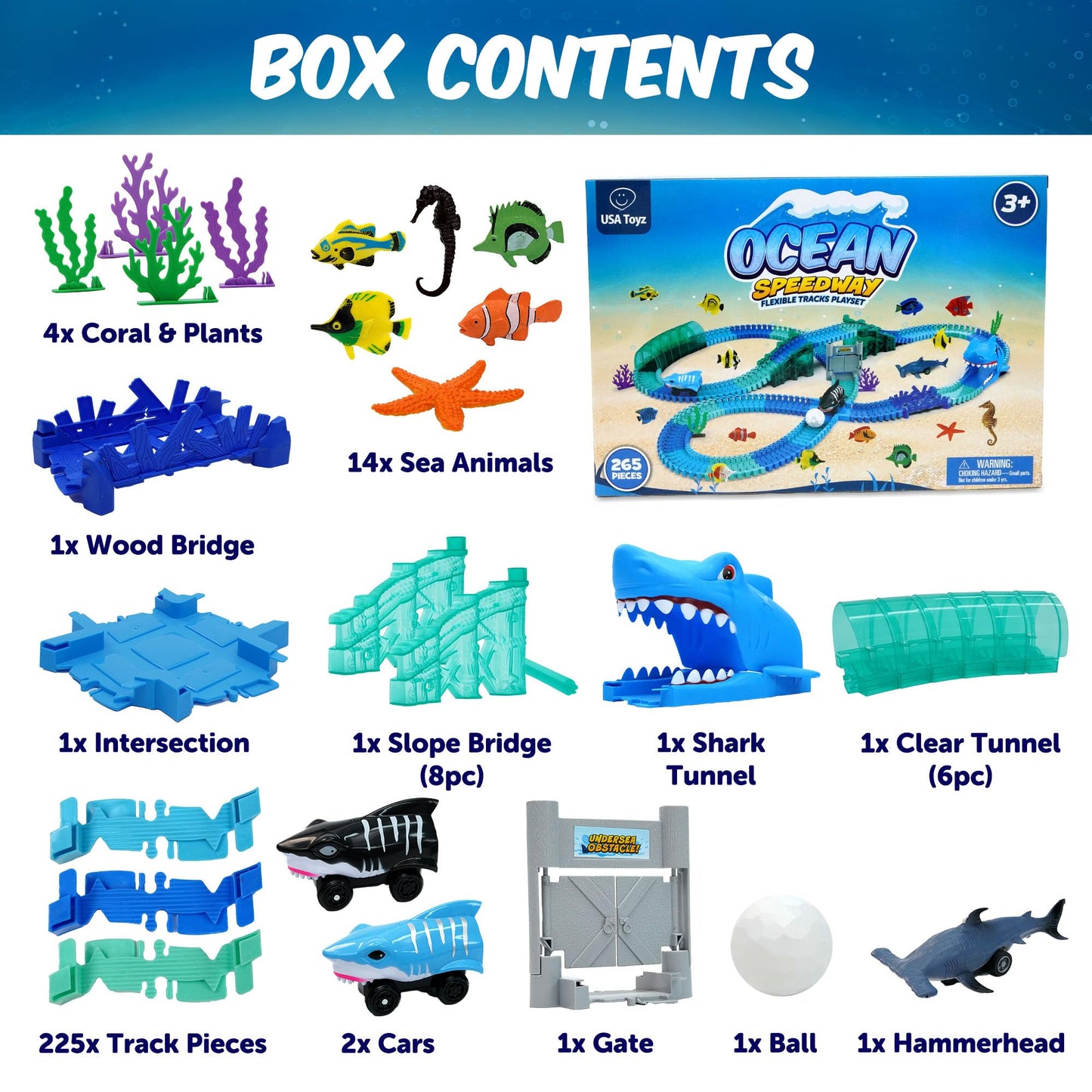 USA Toyz Ocean Race Tracks – 265-Piece Flexible Track Set with Shark Cars