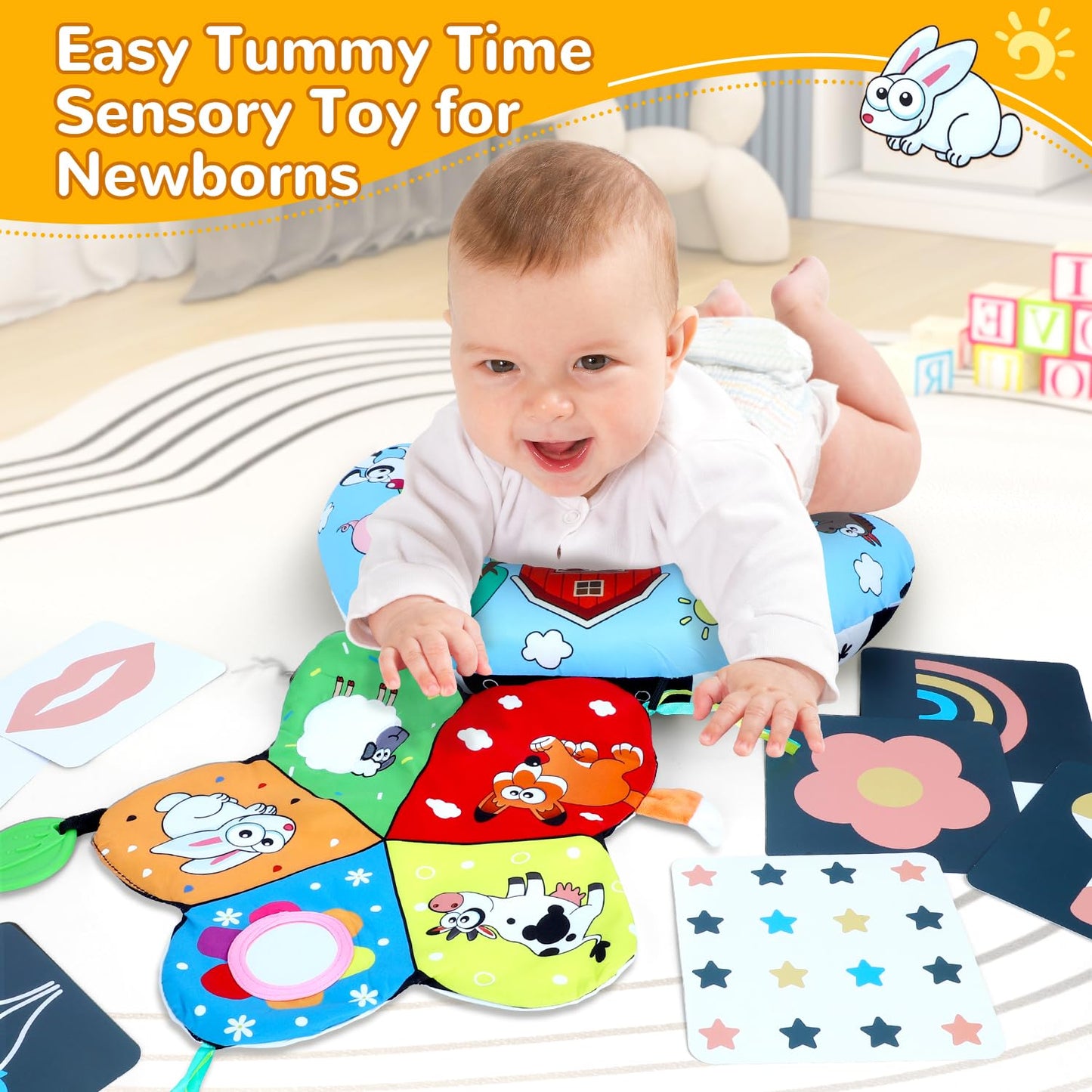 USATDD Tummy Time Pillow Set — High-Contrast Mat, Flash Cards & Sensory Toys