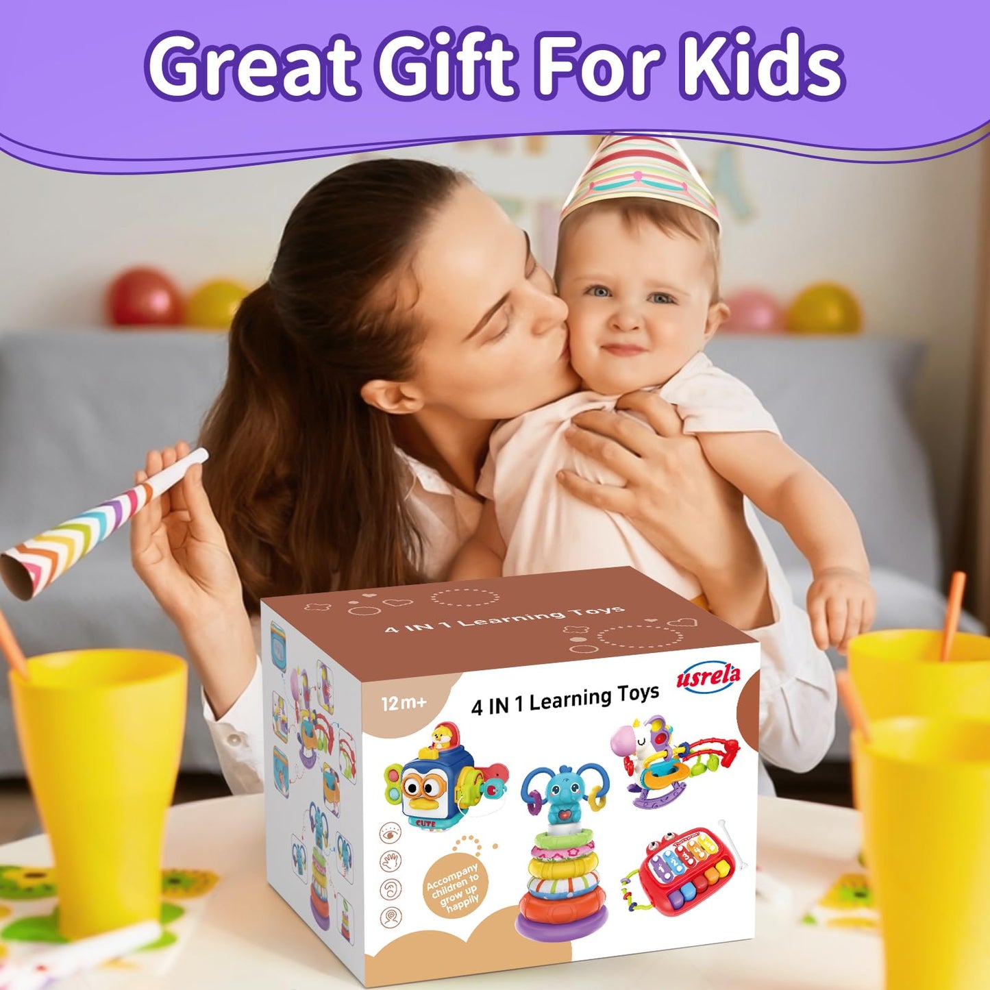 Usrela 4-in-1 Baby Toys for 6–18 Months | Busy Cube, Stacking Sorter, Piano Xylophone