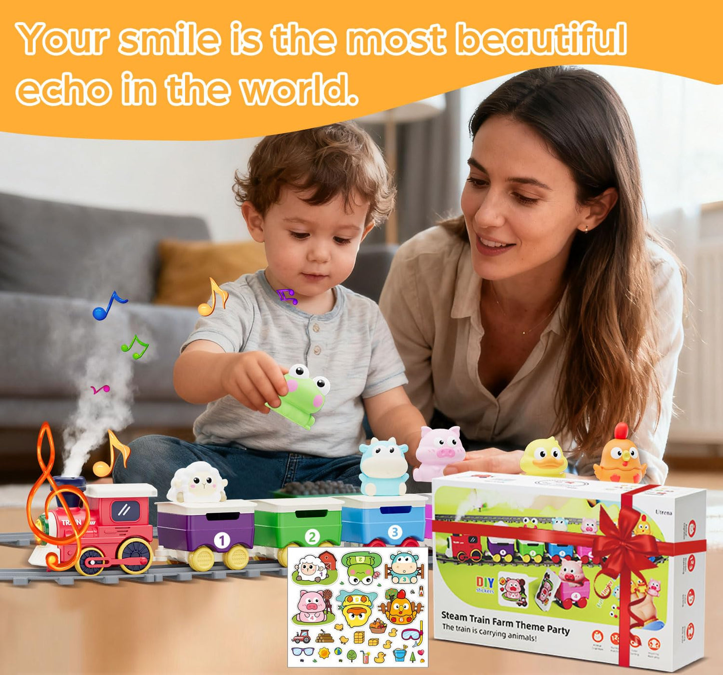 Utrena Toddler Train Track Toy – Farm Animal Set with Realistic Steam, Lights & Sounds | Educational Gift for 1-3 Year Olds