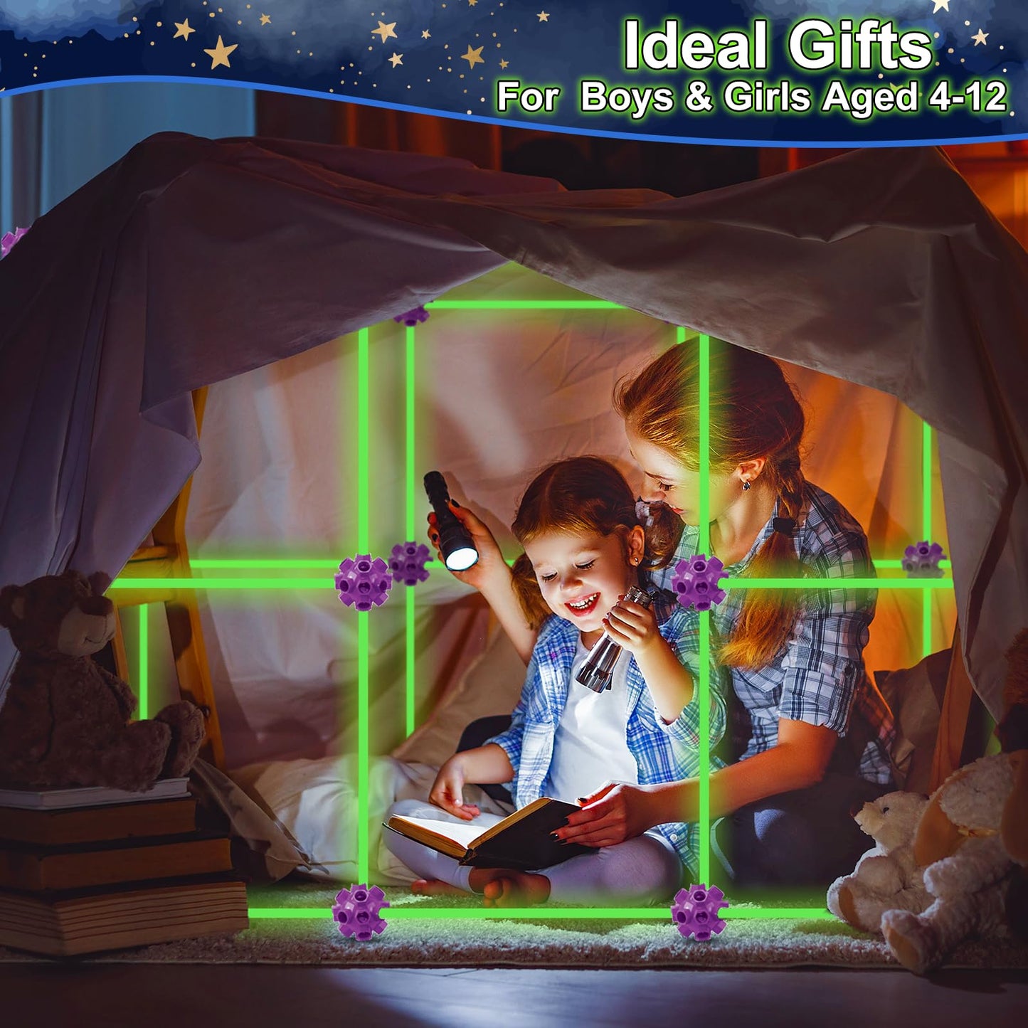 V-Opitos 140 Pack Glow Fort Building Kit for Kids | STEM DIY Castles & Tunnels