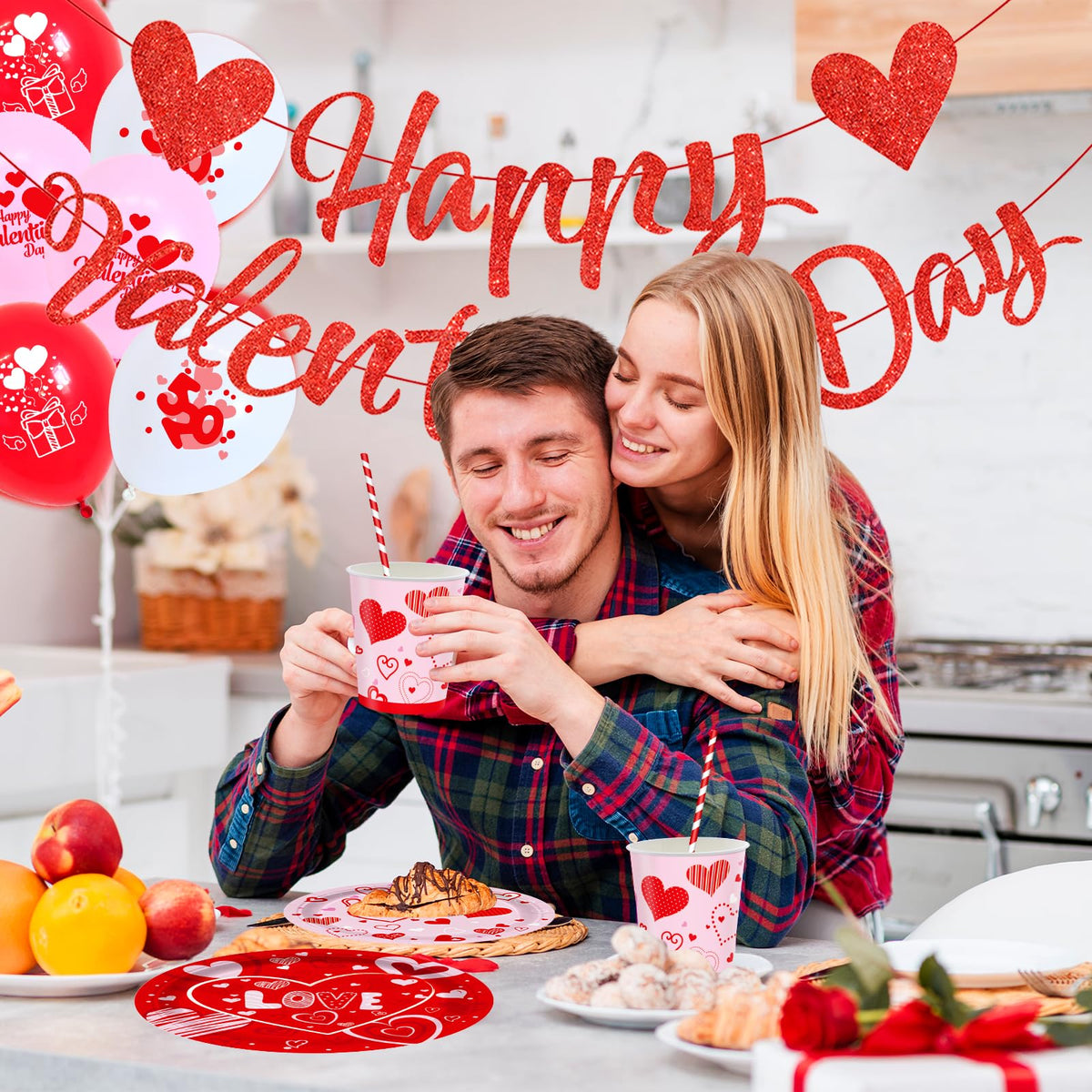 Valentine's Day Party Supplies – Serve 16 with Heart Plates, Napkins, Cups & Tablecloth
