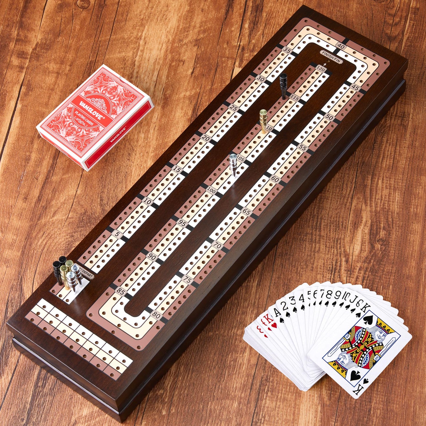 VAMSLOVE Wooden Cribbage Board – Magnetic 3-Track, Travel-Friendly, Card & Peg Storage