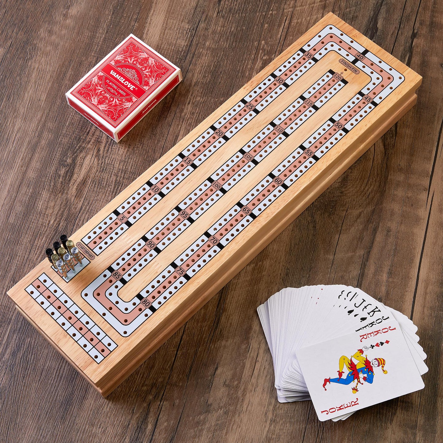 Vamslove Magnetic Cribbage Board – 15'' Wooden Folding 3-Track Set with Card & Peg Storage