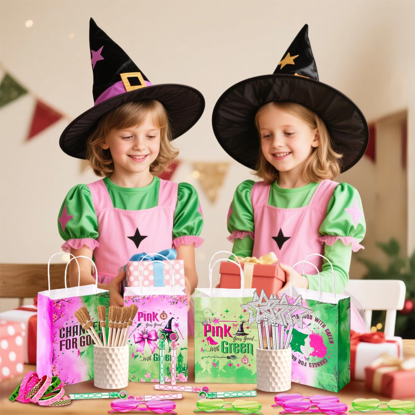 Vanblue 72Pcs Pink & Green Witch Party Favors – Star Wands, Glasses & More