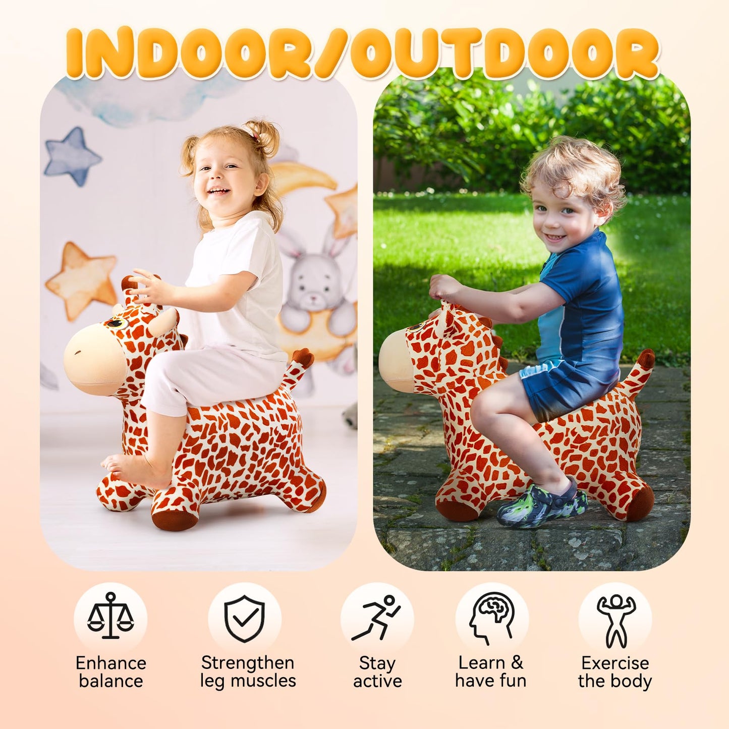 VangeBow Giraffe Bouncy Horse Toy for Toddlers – Indoor/Outdoor Hop Toy with Pump Included