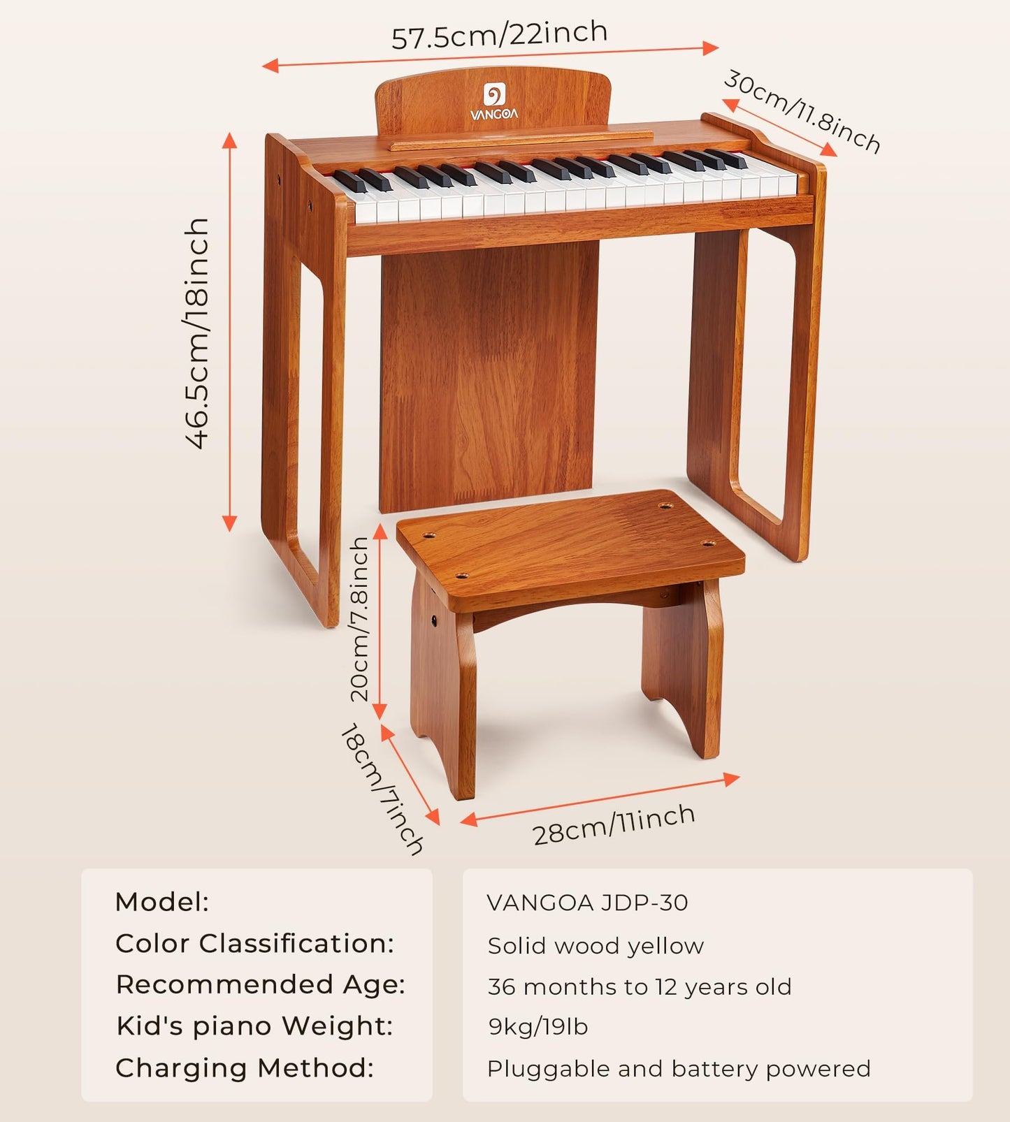 Vangoa Kids Piano 37 Keys Wood Digital Piano for Kids | Solid Wood Yellow