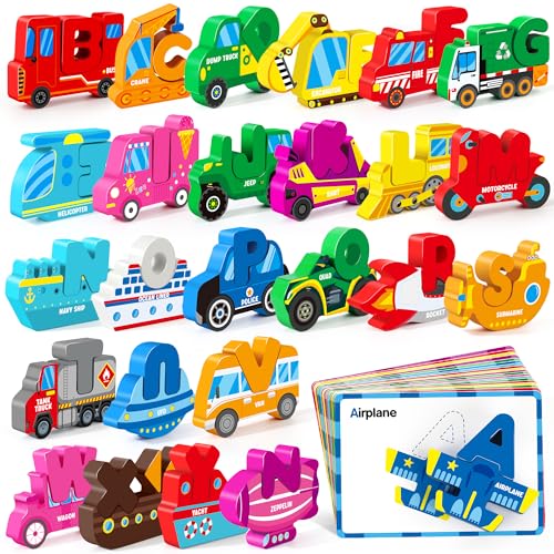 Vanmor Wooden Vehicle Alphabet Puzzle for Toddlers — 52 Blocks & 26 Flash Cards