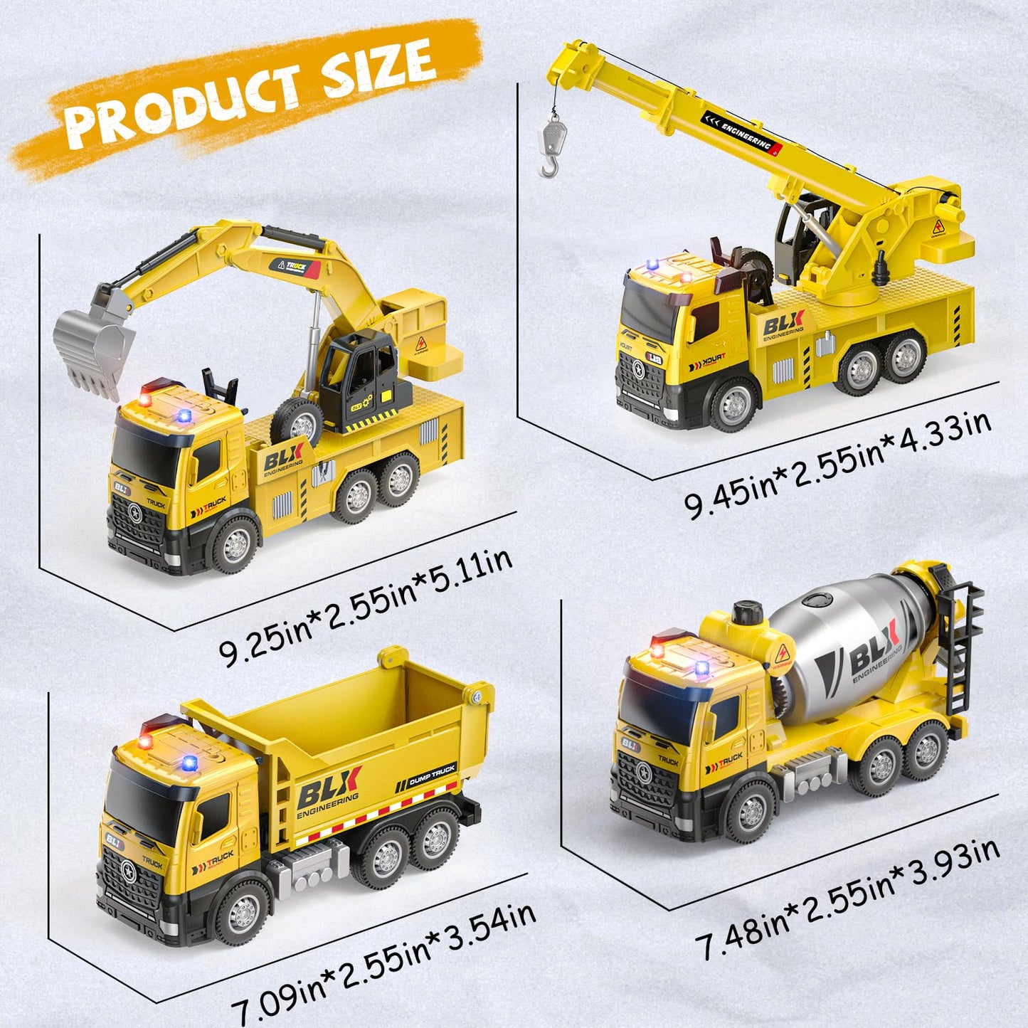 Vanvimen 4 Pcs Alloy Construction Trucks — Light & Sound Toys for Kids 2-6