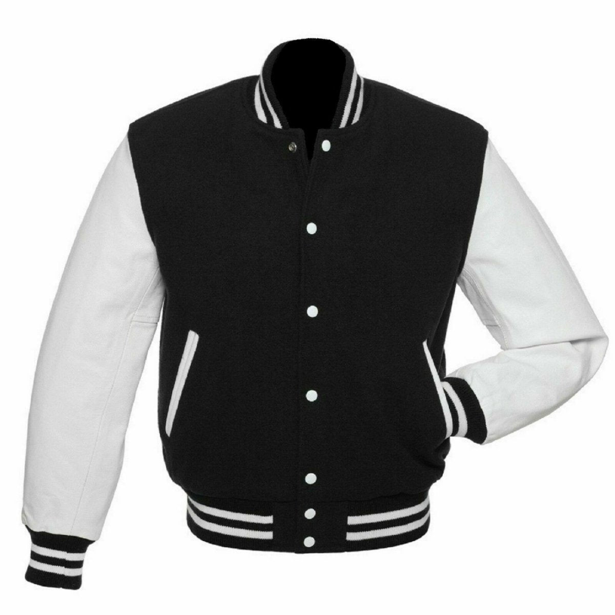 15X Custom Logo Varsity Letterman baseball jacket Wool Body & Leather Sleeves Black & White Classic