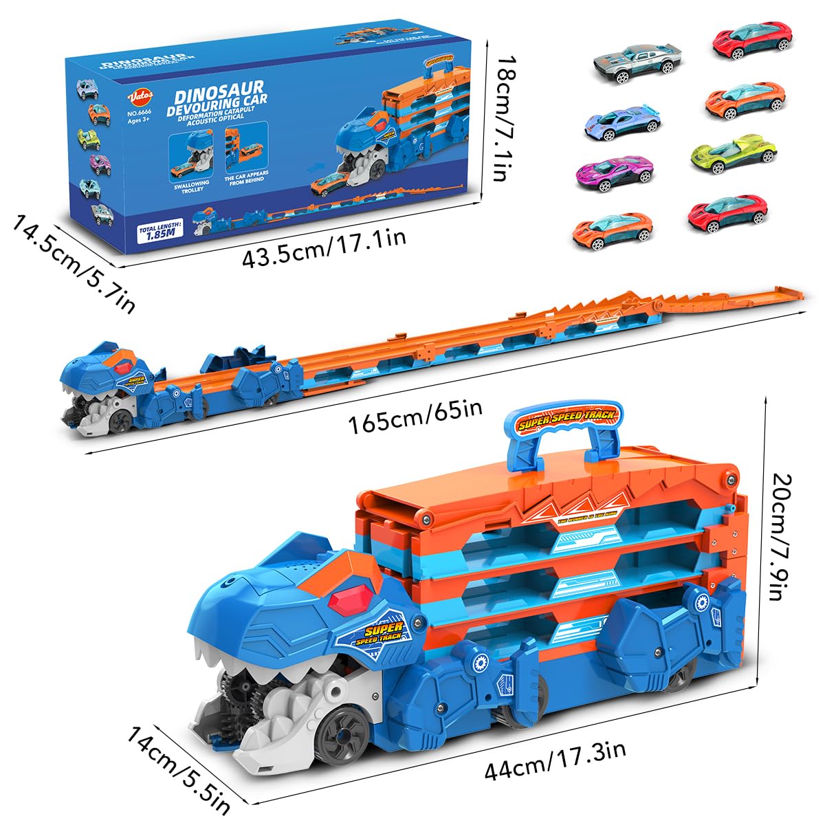 VATOS Toddler Truck Toy: Ejection Folding Dinosaur Track & 8 Mini Race Cars