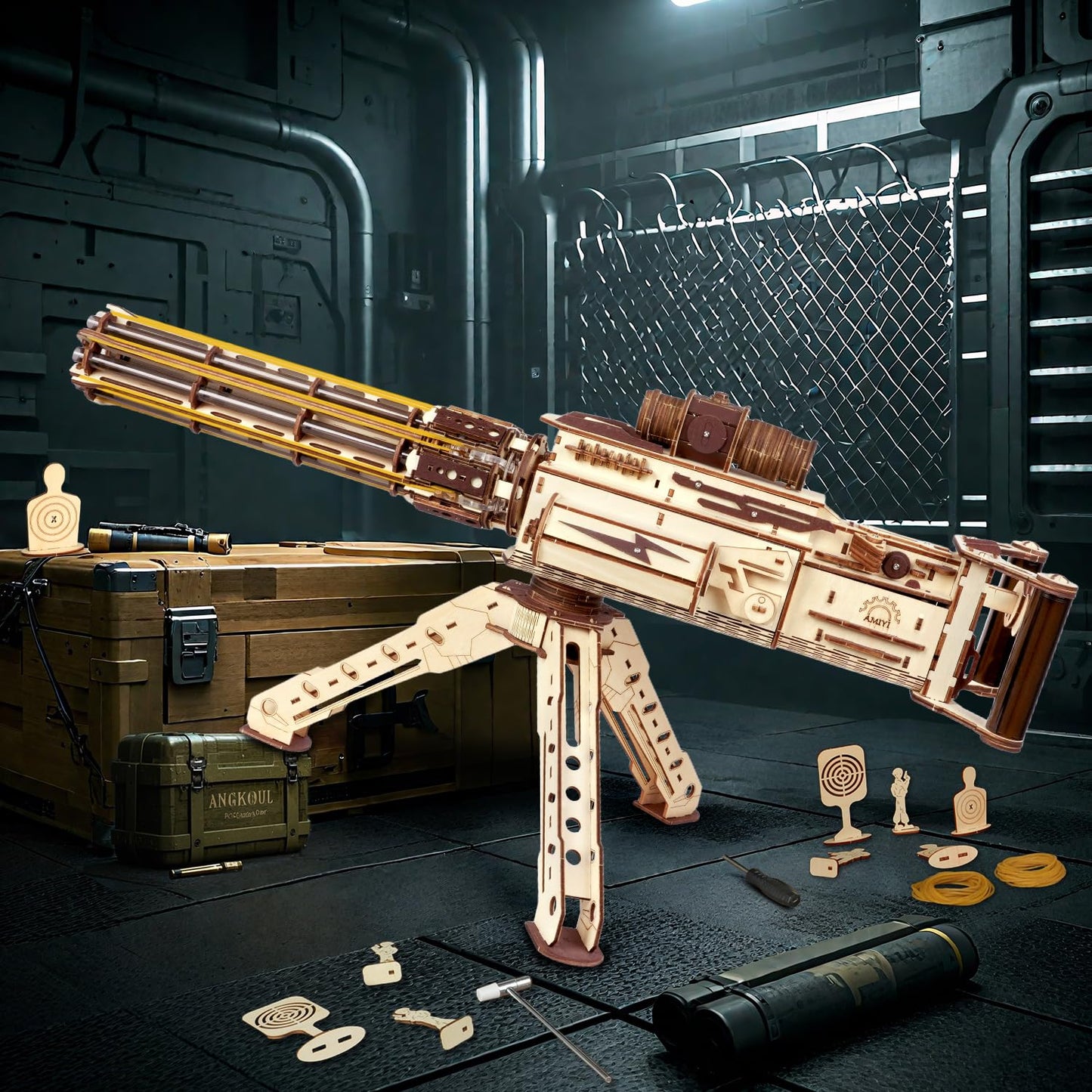 VATOS 3D Wooden Puzzle for Adults – 344-Piece Machine Gun with Rubber Bands | DIY Wood Model Kit (Ages 14+)