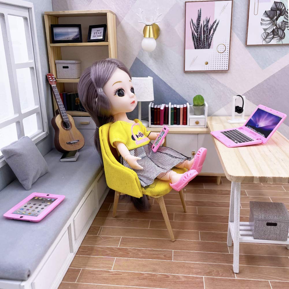 Vawuz 3 Pack Dollhouse Mini Laptop, Tablet & Smartphone Set - Pink, 1:12 Scale