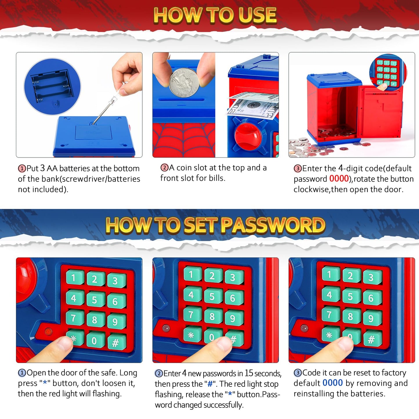 Vcertcpl ATM Piggy Bank for Kids - 4-Digit Code Safe Money Jar (Red)