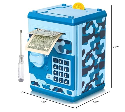 Vcertcpl ATM Piggy Bank for Kids – 4-Digit Code Safe with Auto Bill Slot (Camouflage Blue)