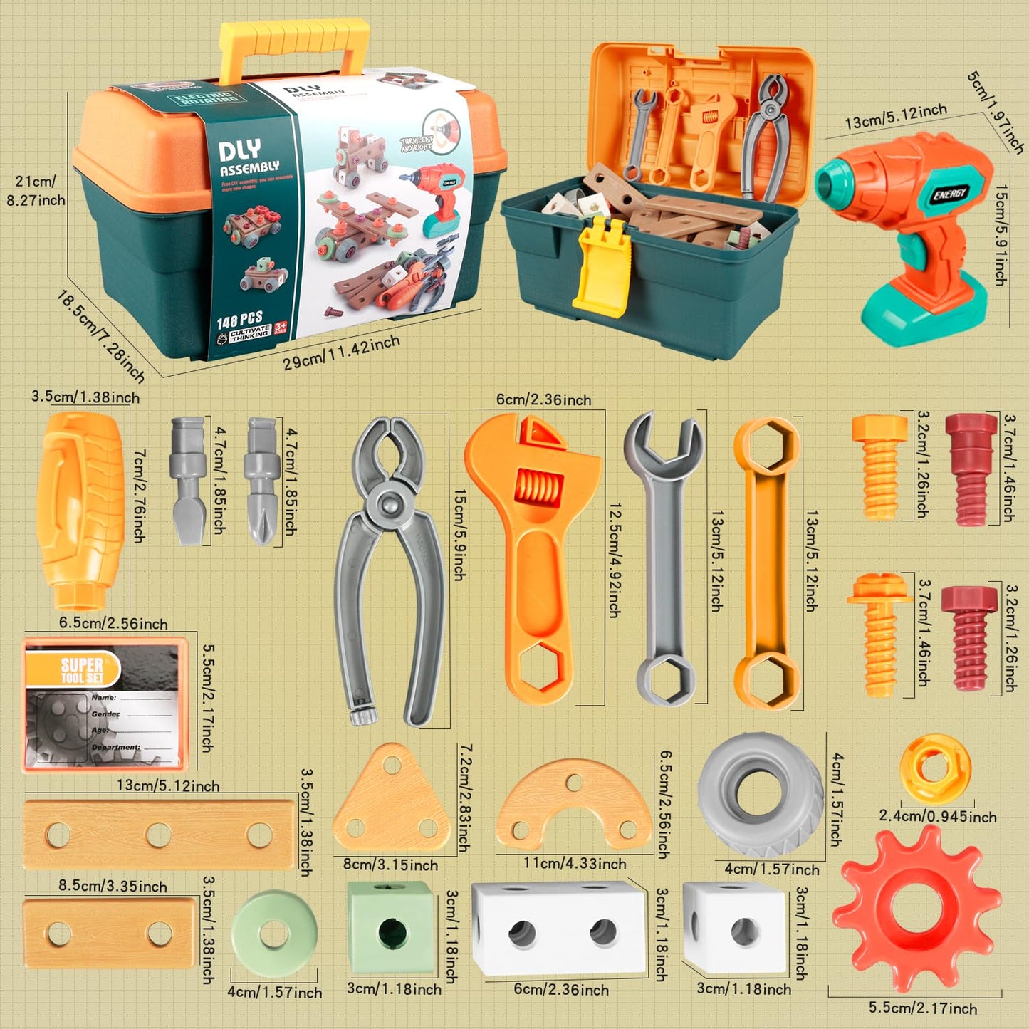 VEAIS Kids Tool Set with Drill – 148-Piece STEM Building Toy for Ages 3-8