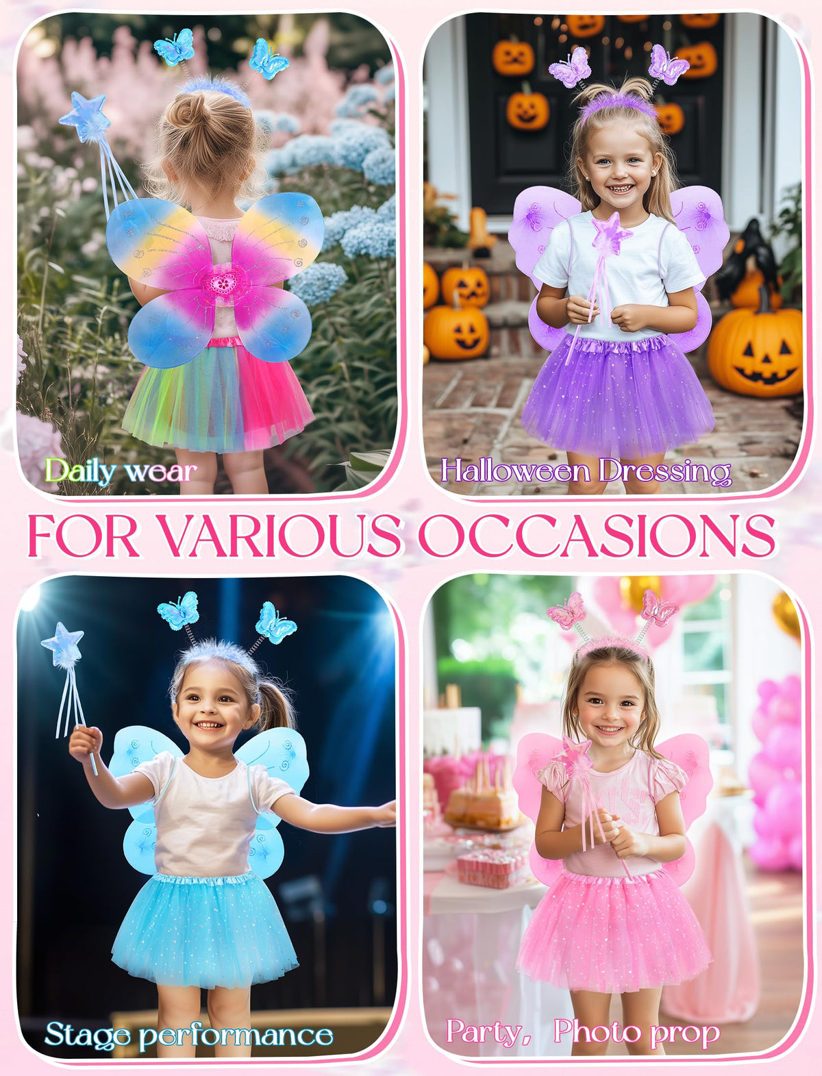 VEKDA 4-Pack Fairy Costume for Girls – Wings, Tutu, Headband & Wand
