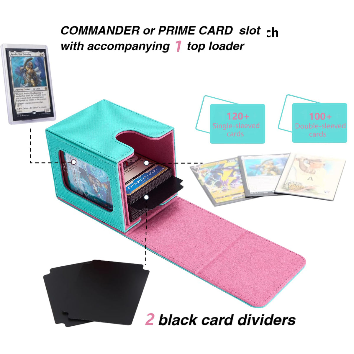 Venssu MTG Deck Box with Turquoise & Pink Window — Commander Display, 100 Double-Sleeved Capacity