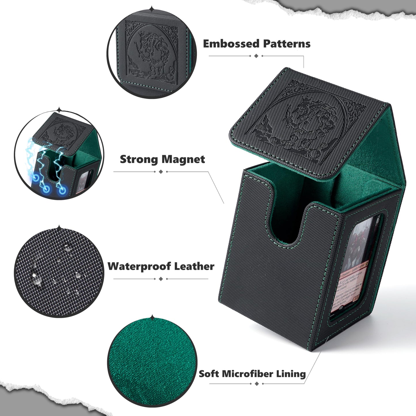 Venssu MTG Deck Box with Commander Display — Fits 100 Double-Sleeved Cards | Black & Green