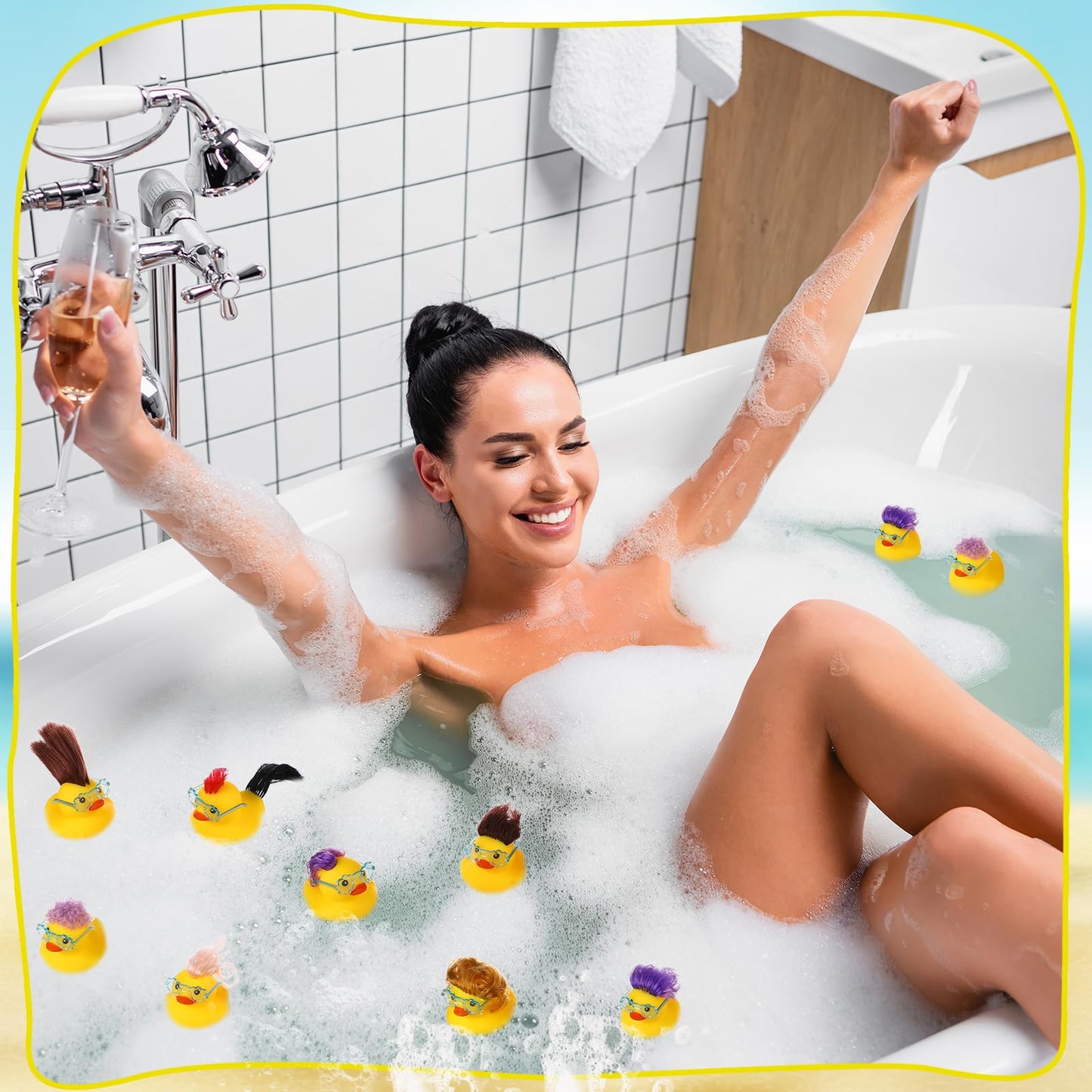 VercanMonth 24 Pcs Rubber Duck Bath Toys with Wig and Blue Flower Sunglasses