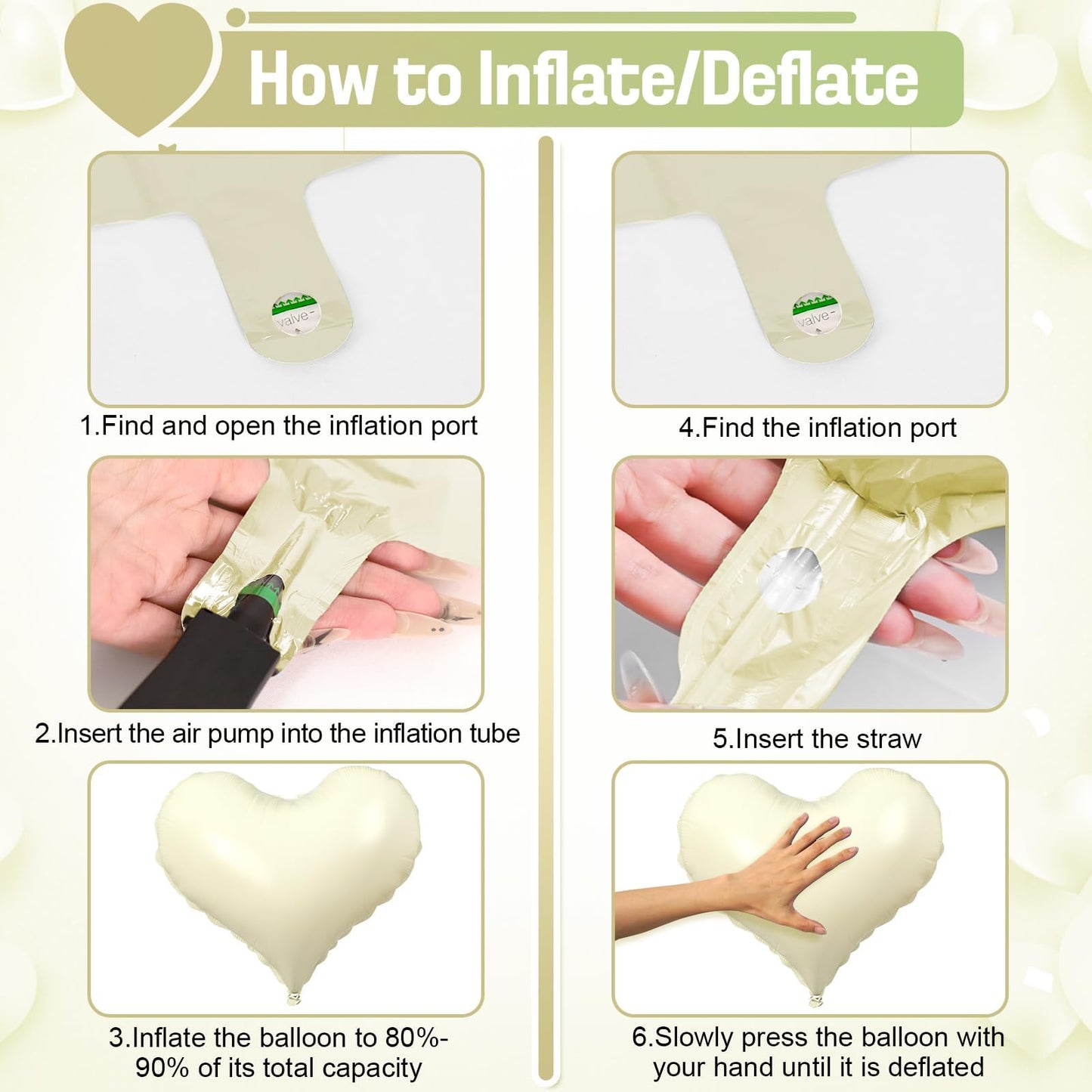 Vibzox Green Cream White Heart Balloons – 6-Pack, 24-Inch Foil Hearts for Valentine’s Day & Weddings