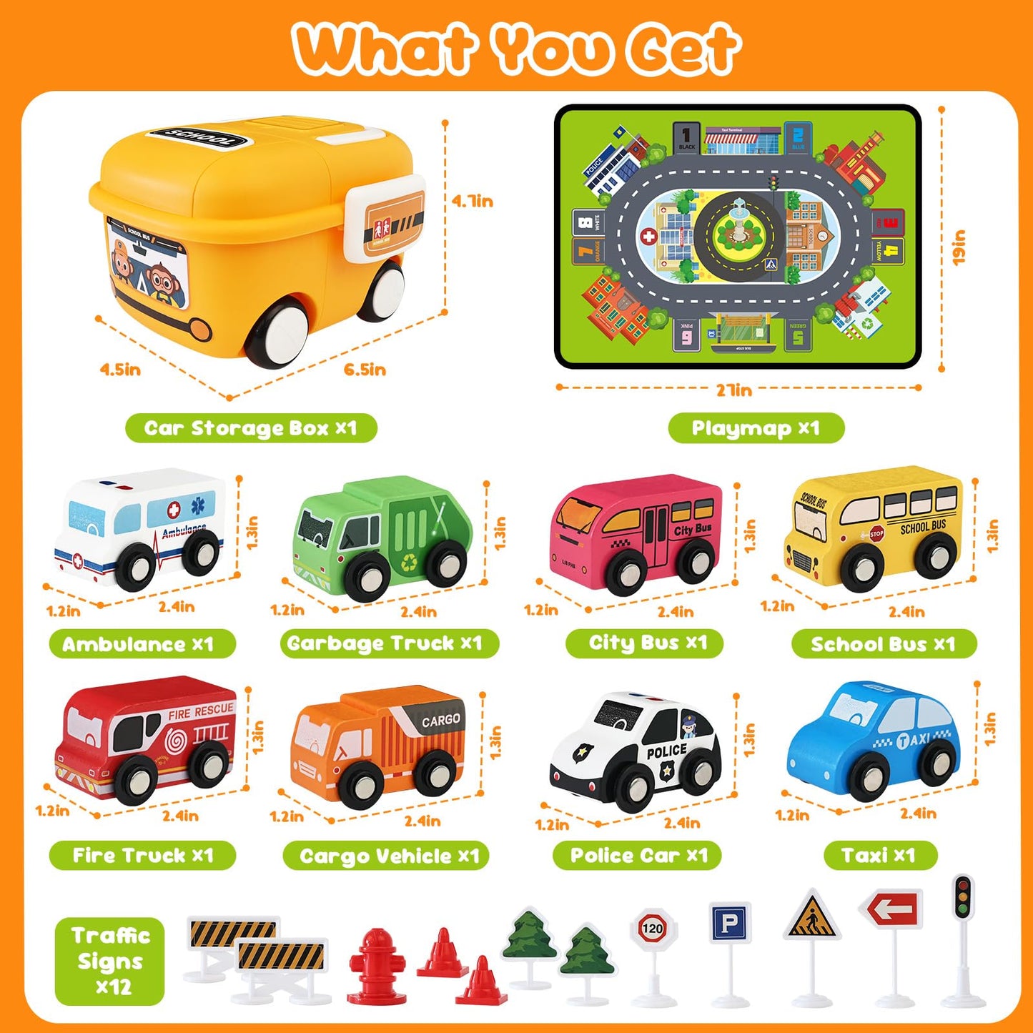 Vinkp Toddler Car Toys – 22pc Wooden Vehicles Set with Playmat & Storage Box
