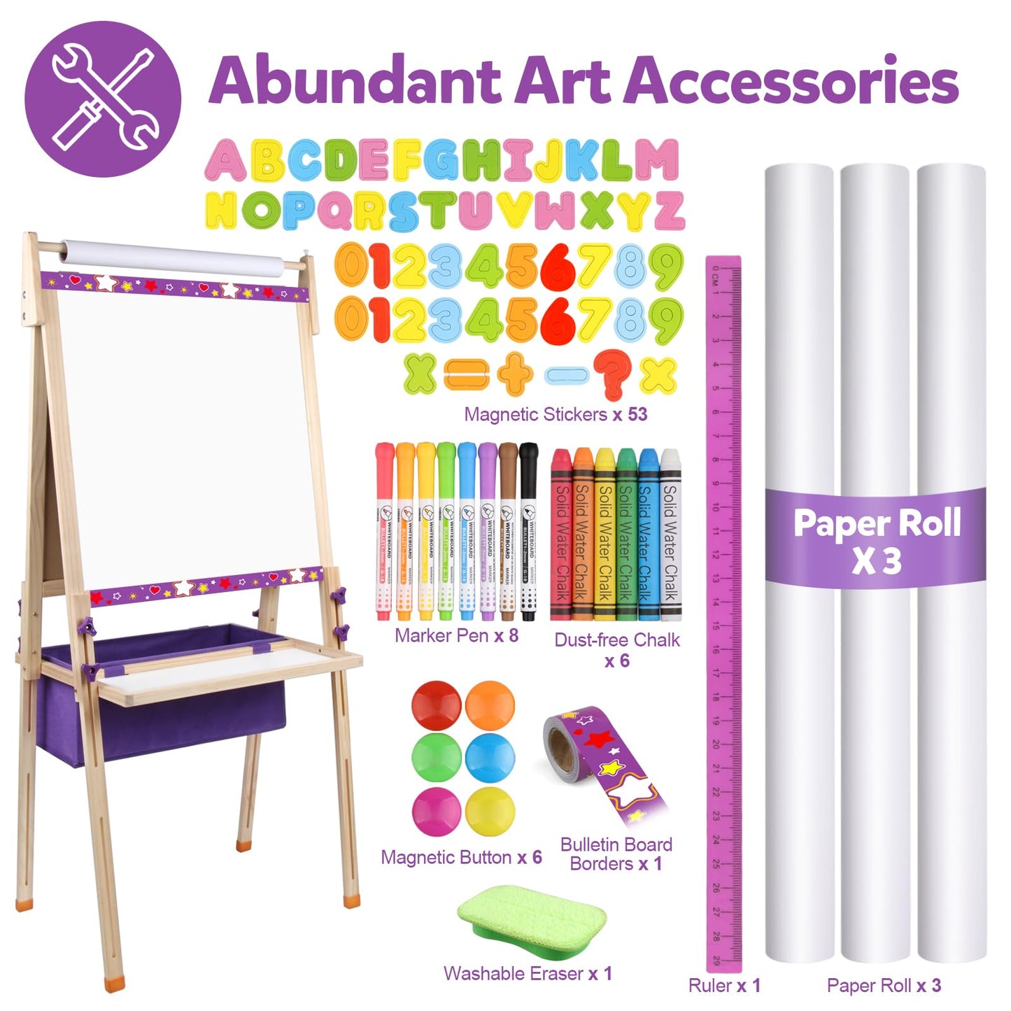 Vinlon Art Easel for Kids – 3-in-1 Whiteboard & Chalkboard, Adjustable Height
