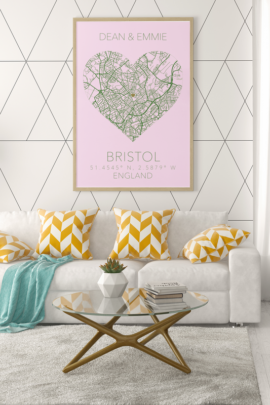 Couples Love Heart Map Any City & Country with Coordinates Personalised Wall Decor Print with 10 New Styles